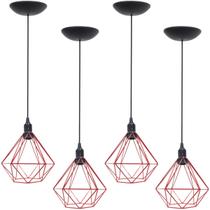 4 Pendentes Aramado Diamante Luminária Lustre P Teto Retrô Vintage Industrial Balcão Vermelho