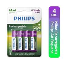 4 Pilhas Recarregáveis Philips AA Pequena 2500mAh 1,2v