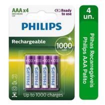 4 Pilhas Recarregáveis Philips AAA Palito 1000mAh 1,2v