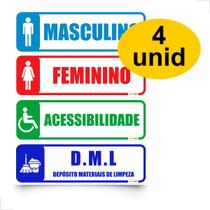 4 Placas Banheiro Feminino Masculino Acessibilidade e DML 30x10cm