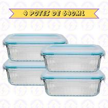4 Pote Canelado Retangular 640ML Tampa Hermética Frutas Fit Alimentos