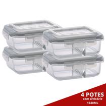 4 Pote Retangular 1040ML c/ Divisória e Tampa Marmita Lancheira