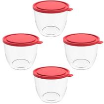 4 Potes com Tampa 1,9L Redondo Crippa Transparente e Vermelho Bacia Alimentos Frutas