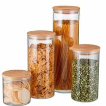 4 Potes Herméticos de vidro com Tampa de Bambu Porta-Mantimentos temperos, sementes, farinhas, cereais, grãos, café, macarrão, biscoito