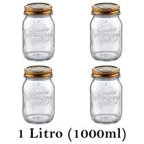 4 Potes Quattro Stagioni 1 Litro (1000ml) de vidro com fechamento hermético Bormioli Rocco para conservação de alimentos