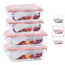 4 Potes Vidro Hermético Microondas Divisória 640ml e 1040ml