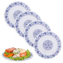 4 Pratos Raso 25cm em Melamina / Plastico Decorado Branco Fuxing