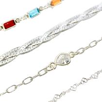 4 Pulseira Coração Gota Saladinha 3 Fios Prata Legítima 925