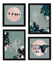4 Quadros Artes Folhas Borboleta Passaros Love Botânico 4 Quadros Artes Folhas Borboleta Passaros Love Botânico