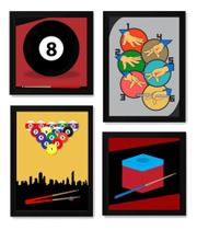 4 Quadros Artes Mesa Sinuca Bilhar Decoração Bar Sala Jogos
