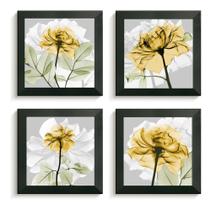 4 Quadros Decorativos Flores Amarelas Decoração Moldura Caixa Alta e Vidro
