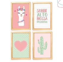 4 Quadros Decorativos Infantil Lhama e Coração com moldura