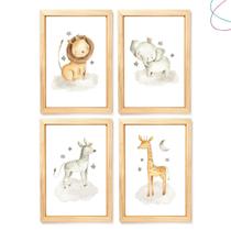 4 Quadros Decorativos Infantil Safari Baby Aquarela moldura