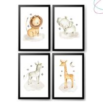 4 Quadros Decorativos Infantil Safari Baby Aquarela moldura