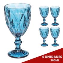 4 Taças de Vidro Diamond Azul Água Suco 300ML Tendência