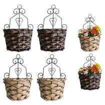 4 Vasos Suporte Cesta de Fibra Palha Pendurar Flores 24cm