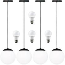 4 x Luminárias Lustre Pendente 215cm Jabuticaba Globo Vidro 15cm Teto Gimpo PJ15 + 4 Lâmpadas 12W