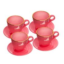 4 Xícaras Wolff Milky de Vidro com Fio de Ouro e Pires Rosa