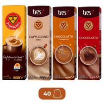 40 Cápsulas Cappuccino Tres Corações - Classic, Avelã, Chocolate e Chocolate c/ Caramelo