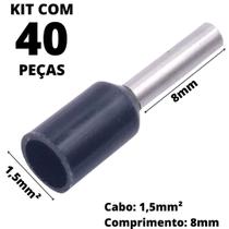 40un Terminal Tubular Ilhós Pré-isolado Simples Para Cabo de 1,5mm² Metal 8mm Preto E1508