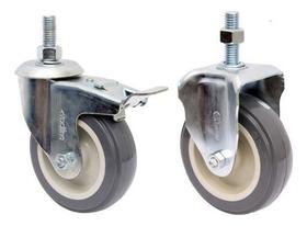 (4pçs) Rodizio Rosca 4pol. R412 Bp Pvc Anti Risco (2 Girat. C/ Freio + 2 Fixo) 65kg Por Roda