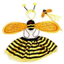 4Pcs/Set Kid Fairy Costume Set Ladybird Bee Glitter Cute Wing Listrado Tutu Saia Wand Headband Vestir Roupa de Halloween - Amarelo