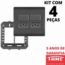 4un Interruptor Simples 10A 2 Teclas e Tomada Padrão Dupla 2P+T 10A Com Placa 4X4 Habitat Black FAME