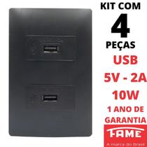 4un Tomada Dupla USB Bivolt 15W 5V 3A Com Placa Habitat Black FAME