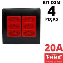 4un Tomada Padrão Sextupla 2P+T 20A 4X4 Vermelha Com Placa Habitat Black FAME