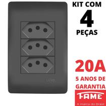 4un Tomada Padrão Tripla 2P+T 20A Com Placa Habitat Black FAME