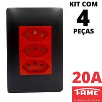 4un Tomada Padrão Tripla 2P+T 20A Vermelha Com Placa Habitat Black FAME
