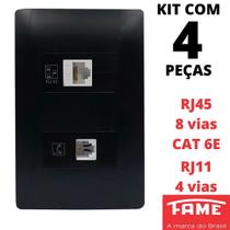 4un Tomada VD RJ11 4 Vias RJ45 CAT 6E 8 Vias Com Placa Habitat Black FAME