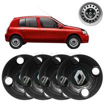 4x Calota Centro Roda Renault Clio Hatch Preto com Emblema