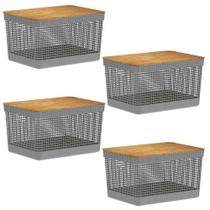 4X Cestos 20L Organizador Ou Grid Cinza Com Tampa De Bambu