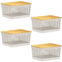 4x Cestos Organizador Ou Bege 8 Litros com Tampa de Bambu 4x Cestos Organizador Ou Bege 8 Litros com Tampa de Bambu