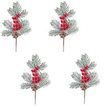 4x ENFEITE GALHO PINHA FOLHAS E FRUTAS VERMELHO VERDE 33CM NATALINO NATAL ÁRVORE DECORAÇÃO NEVADO 1103167