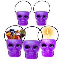 5 Baldes Mini Caveira Roxo Doces Vela Decoração Halloween