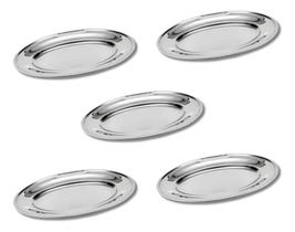 5 Bandejas Oval Aço Inox Rasa Travessa 21/25/30 Cm Porção Petisco