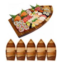 5 Barcas Sushi Sashimi Madeira Teca Para Servir Comida Oriental 40Cm