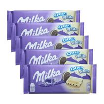 5 barras de chocolate branco milka com recheio de oreo 100g