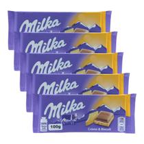 5 barras de chocolate milka ao leite com biscoito e creme