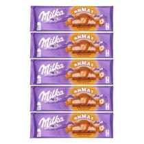 5 barras de chocolate milka com avelã inteira e caramelo