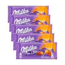 5 barras de chocolate milka com recheio calda de caramelo