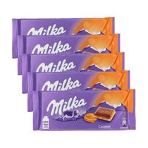 5 barras de chocolate milka com recheio de creme e caramelo