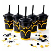 5 Copo Plástico Tampa e Canudo Morcego festa 400ml decoração