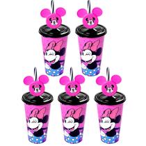 5 Copos Canudo Orelhas Minnie Rosa 500ml p/ Infantil Lembrancinha Sacola Surpresa