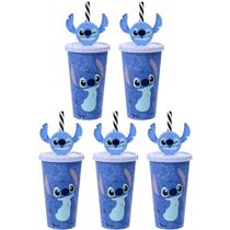 5 Copos Canudo Orelhas Stitch 500ml para Infantil Lembrancinha Sacola Surpresa
