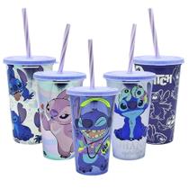 5 Copos Do Stitch 500 Ml Com Canudo Tampa Refri Suco Barato