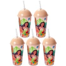 5 Copos Estampados Moana 500ml para meninas com Tampa e Canudo Plasútil