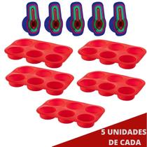 5 Kit Forma Silicone Cupcake Sortida + Colher Medidora 6Pç